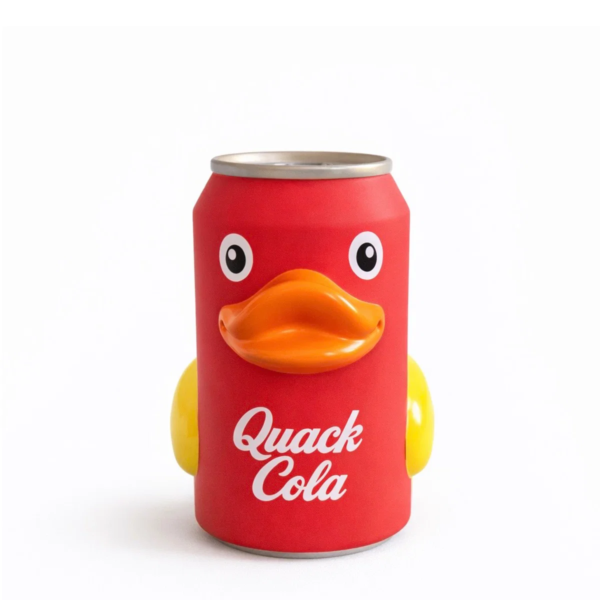 Patito-de-goma-Quack-Cola-con-diseno-de-lata-roja-estilo-refresco-clasico-vista-frontal-pequena