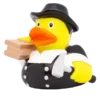 Pato de Goma Carpintero con sombrero negro, herramientas y tablones de madera