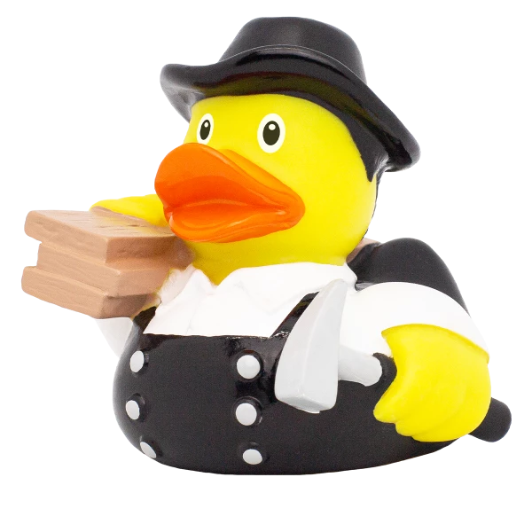 Pato de Goma Carpintero con sombrero negro, herramientas y tablones de madera