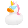 Pato de Goma Cool Unicorn XL blanco con melena rosa, cuerno amarillo y gafas azules