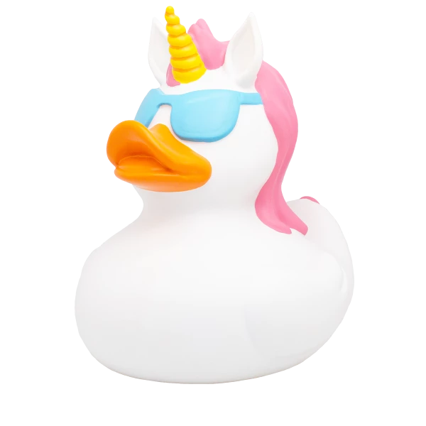 Pato de Goma Cool Unicorn XL blanco con melena rosa, cuerno amarillo y gafas azules