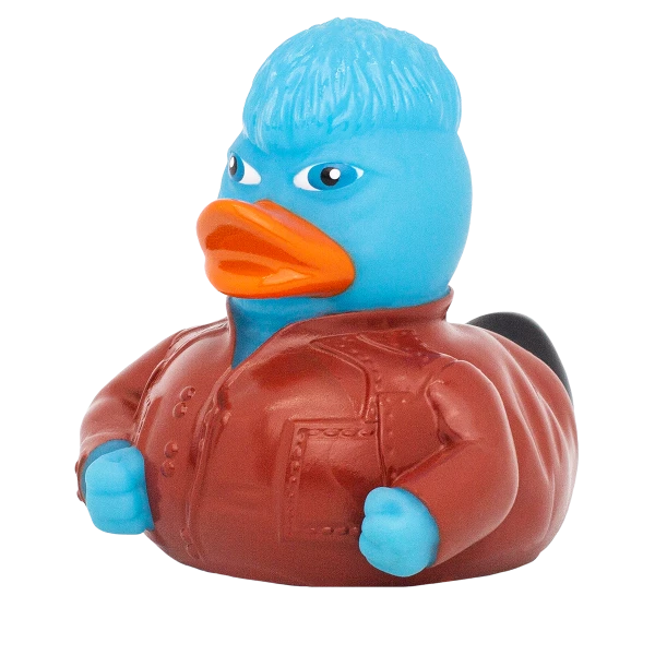 Pato de Goma Ju Azul con chaqueta marrón y pelo azul