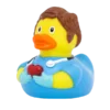 Pato de Goma Médico Corazón con uniforme azul, estetoscopio y corazón rojo