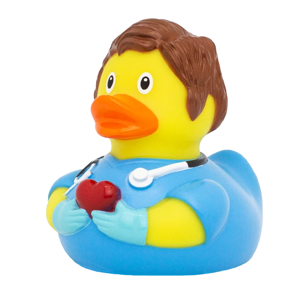 Pato de Goma Médico Corazón con uniforme azul, estetoscopio y corazón rojo