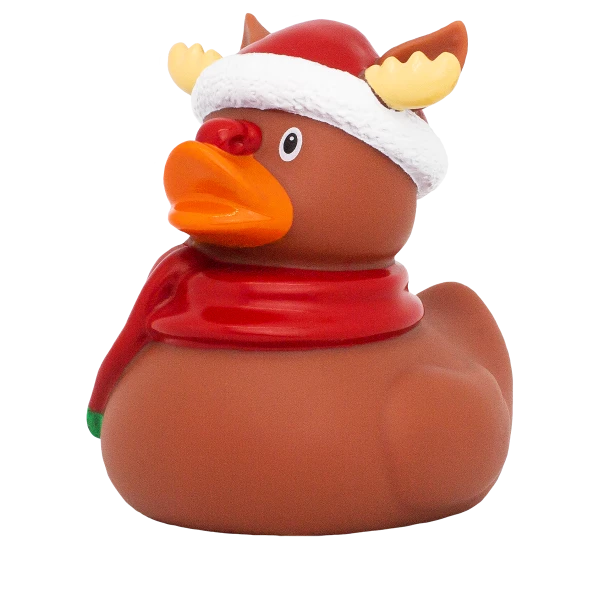 Pato de Goma Reno Navidad con cuernos, gorro y bufanda roja