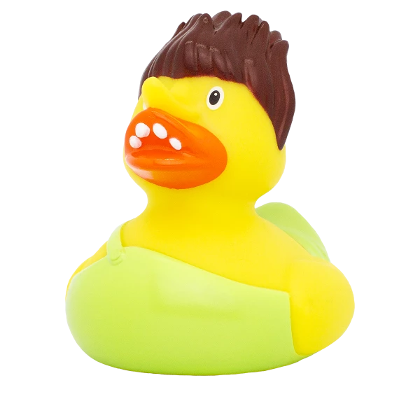 Pato de Goma Troll amarillo con pelo marrón y grandes dientes