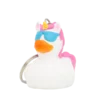 Pato Llavero Cool Unicorn blanco con melena rosa, cuerno amarillo y gafas azules