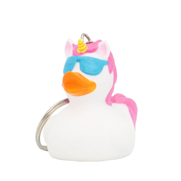 Pato Llavero Cool Unicorn blanco con melena rosa, cuerno amarillo y gafas azules